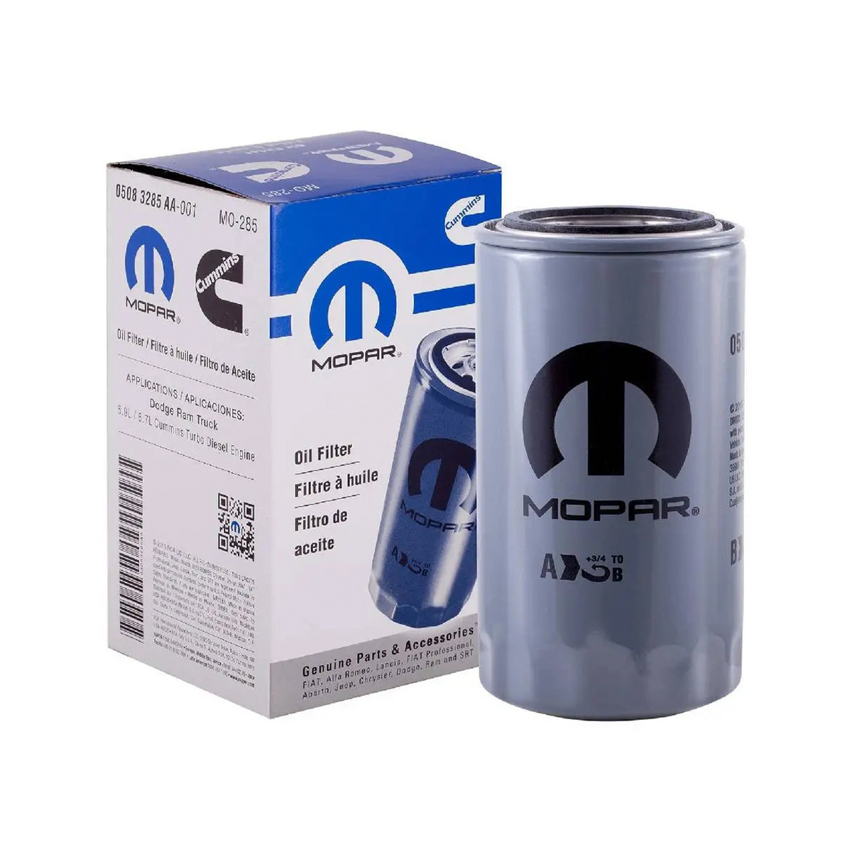 Close-up of Mopar Engine Oil Filter Model 5083285AA - OEM quality with precise dimensions of 11 x 5 x 8 inches.