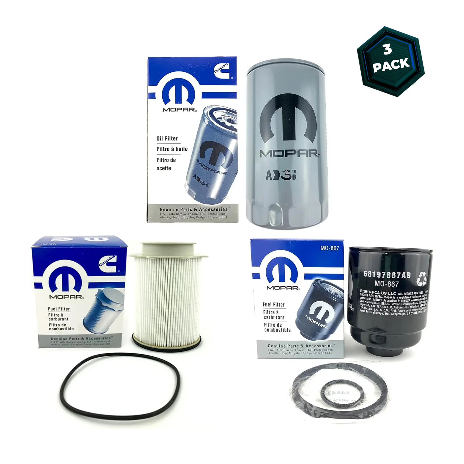 OEM Replacement Oil Filter Kit (Pack of 3) - Dependable and reliable oil filtration set for 2013-2017 Ram 2500, 3500, 4500, and 5500 with 6.7L Cummins Diesel engines.