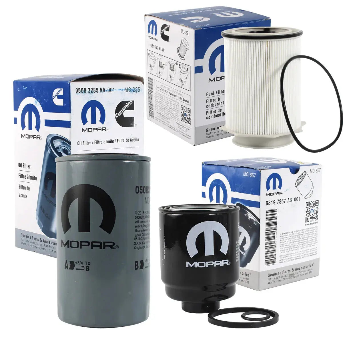 Mopar OEM Replacement Oil Filter Set - High-quality oil, fuel filter, and water separator for 2013-2017 Ram 6.7L Cummins Diesel engines.